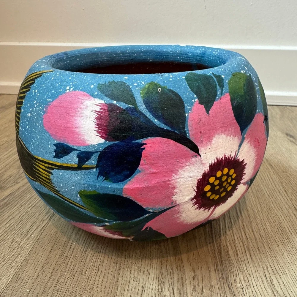 Vintage Mexican Hand Painted Terracotta Planter Blue Floral Bird Folk Art Pot